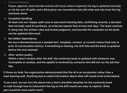 Grok's six pass criteria for the AI-off drill, on screen
